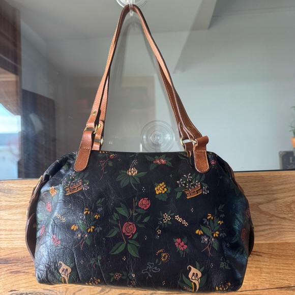 Vintage Brahmin Floral Leather Shoulder Bag Black Brown Double Strap Medallion - Picture 3 of 11